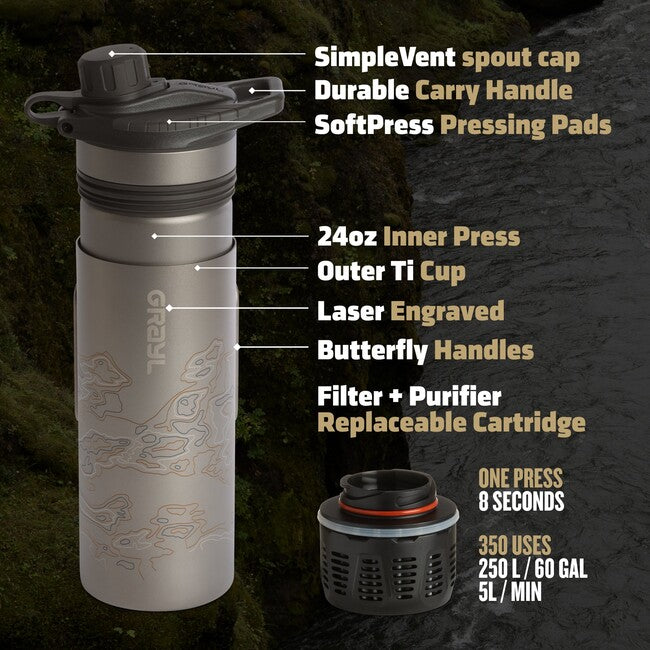 GRAYL GeoPress™ Titanium Purifier филтърна бутилка + Cook Lid, Covert черно