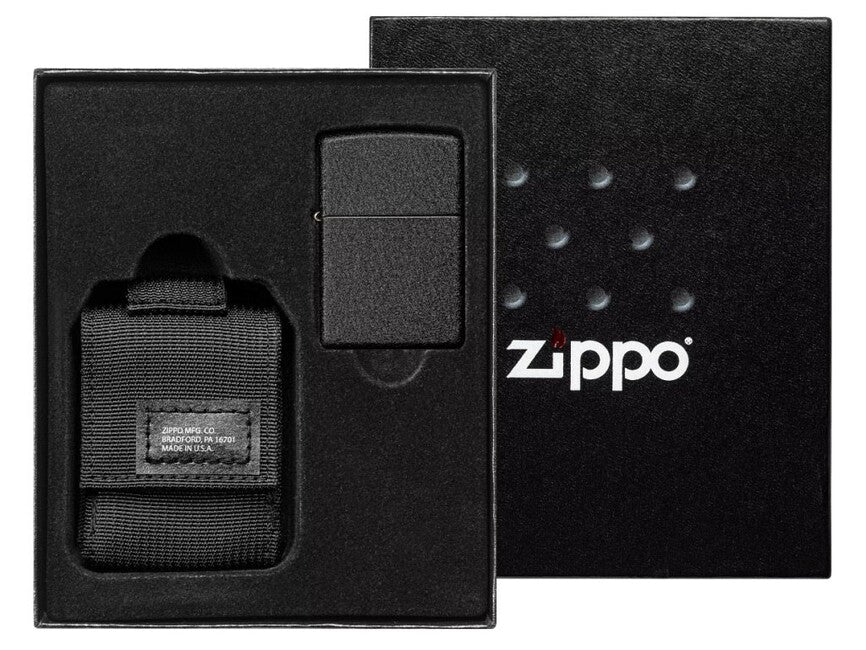 Zippo Black Crackle комплект тактически калъф + запалка, черен