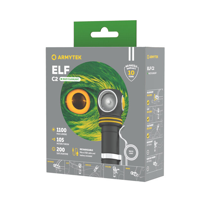 Armytek Elf C2 Cold White LED Headlamp, Battery Powered, 1100 lm, 4800 h, 65 g