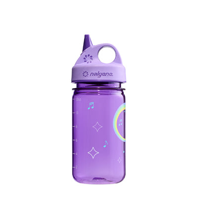 Бутилка за вода за деца Nalgene Grip-n-Gulp Sustain 0,35 L с капак, лилава музикална жирафа
