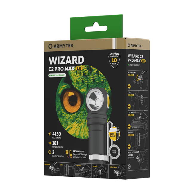 ArmyTek Wizard C2 Pro Max LR джобен фенер LED с фиксатор за колан, с калъф, захранване от акумулатор, 4150 lm, бяло