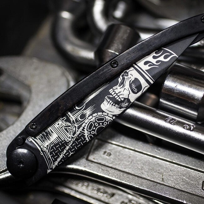 Deejo черно Tattoo джобен нож от черна тату бикер палисандър Ride or Die