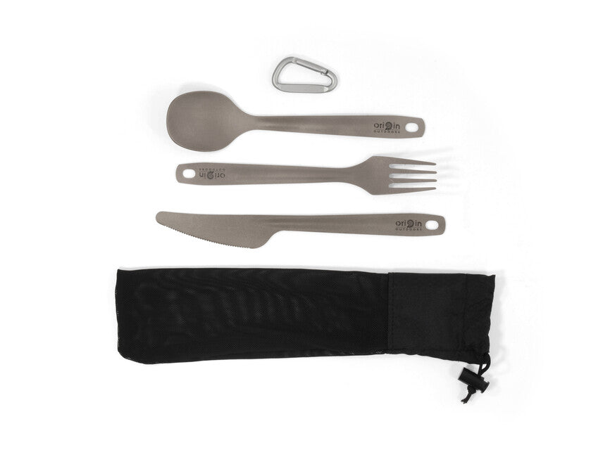 Origin Outdoors Titanium титаниев 3-дялен комплект прибори с карабина