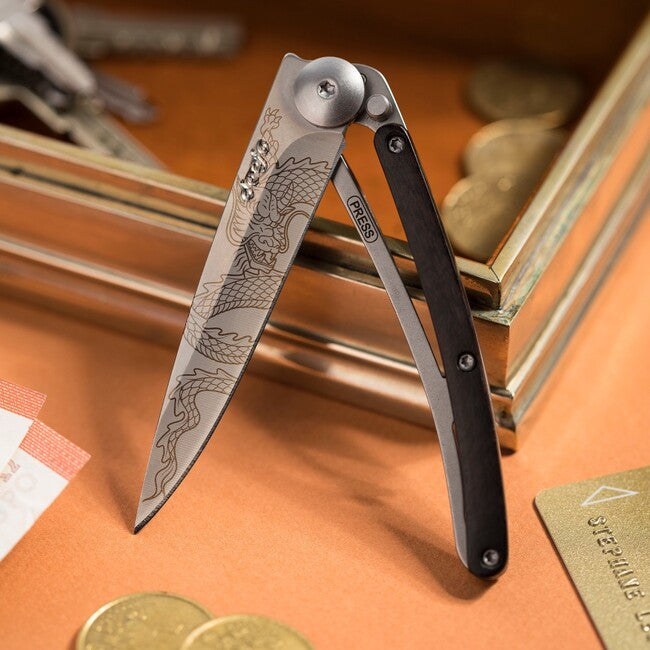 Deejo Tattoo Wood Japanese Dragon Folding Knife