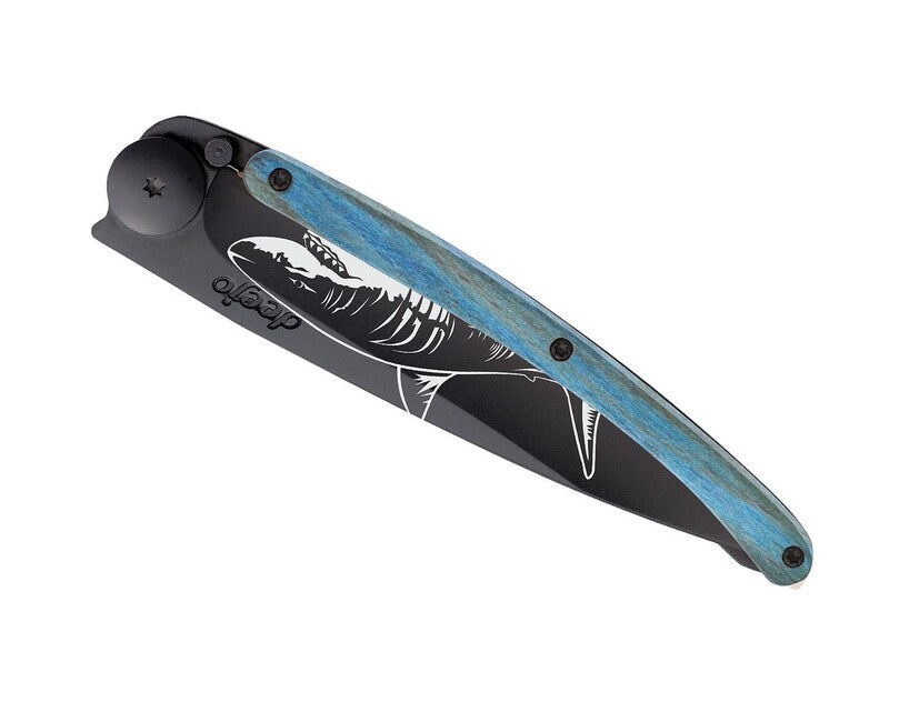 Deejo Tattoo джобен нож черно синьо бук Shark