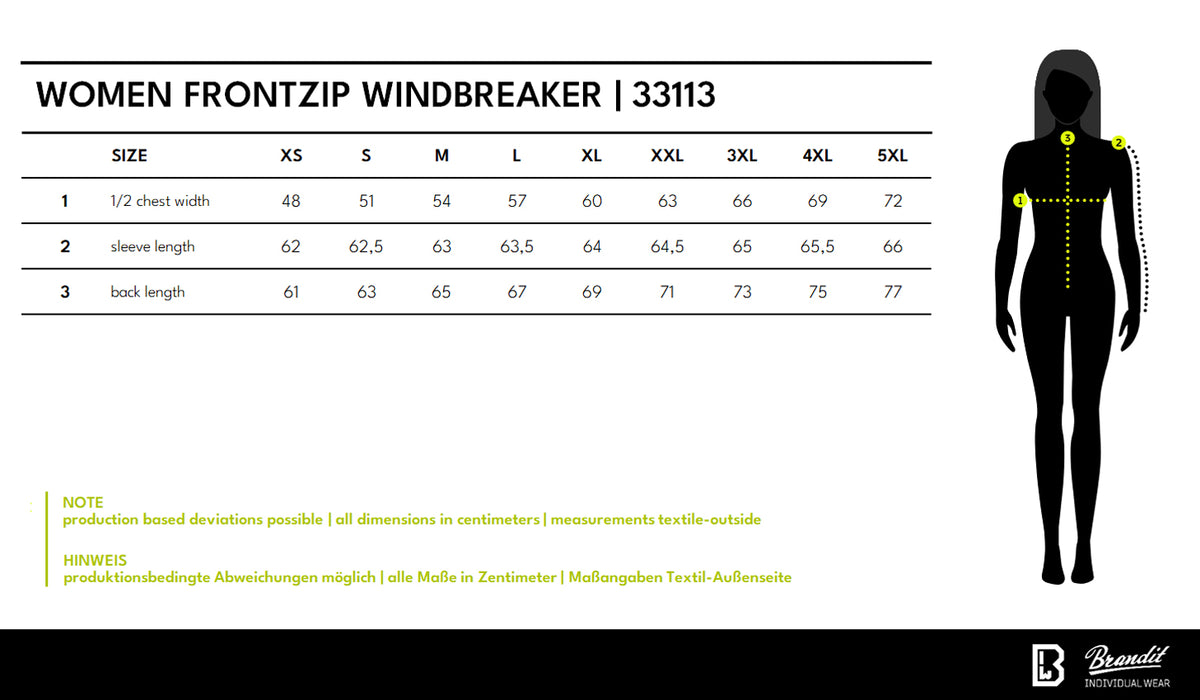 Veľkostná tabuľka Women Frontzip Windbreaker