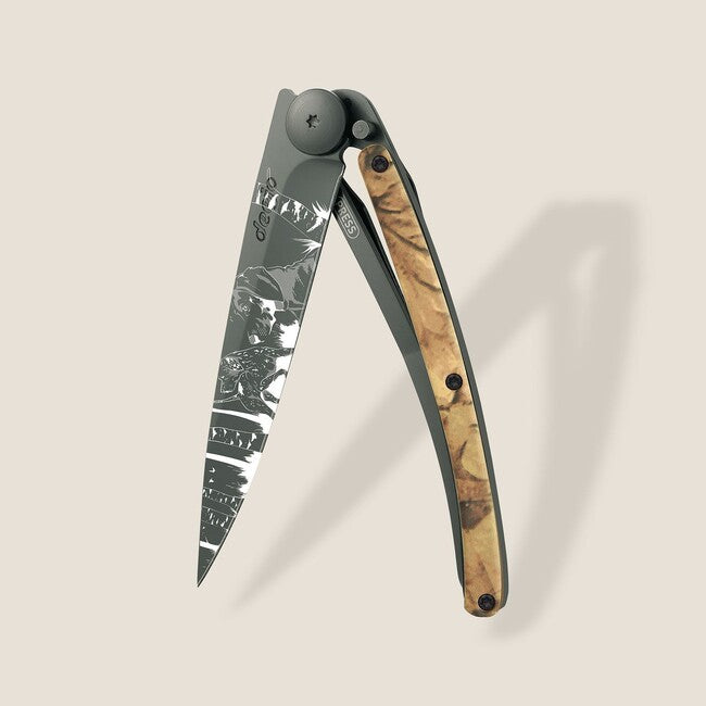 Deejo Tattoo джобен нож черен кафяв камо Hunting Day