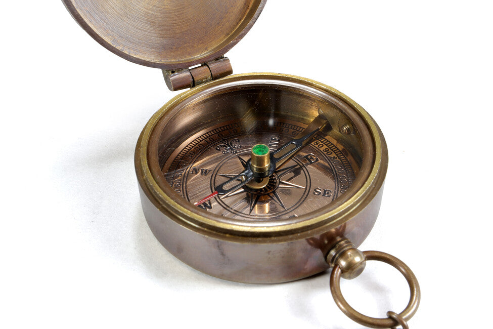 Origin Outdoors Pocket Compass антикварен месингов джобен компас с кожен калъф