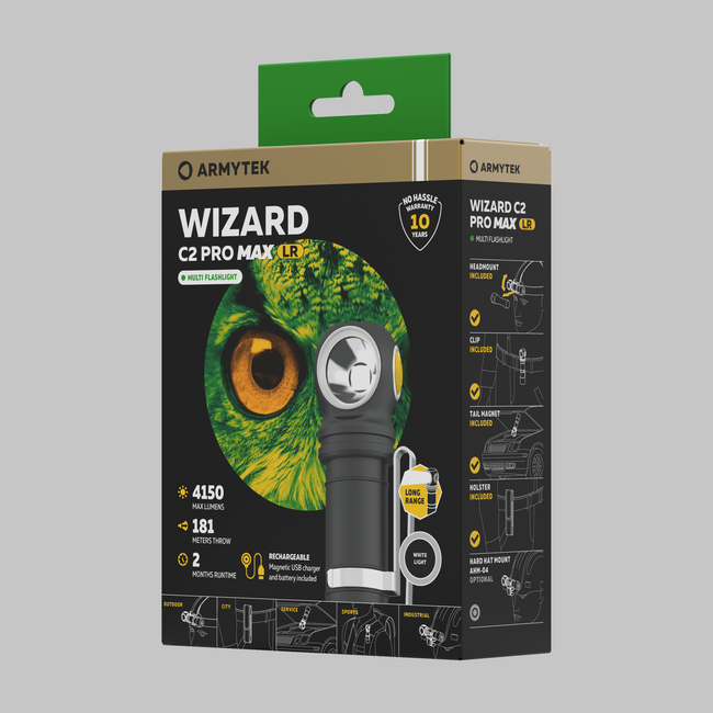 ArmyTek Wizard C2 Pro Max LR джобен фенер LED с фиксатор за колан, с калъф, захранване от акумулатор, 4150 lm, бяло