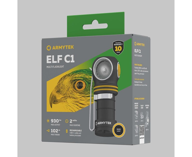 ArmyTek Elf C1 USB-C фенер за глава LED с захранване от акумулатор 930 lm ръчен фенер, топло бял