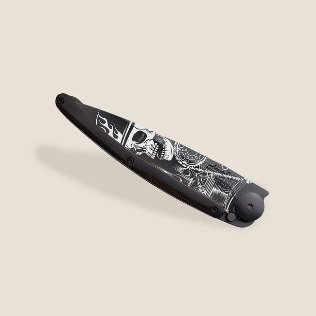 Deejo черно Tattoo джобен нож от черна тату бикер палисандър Ride or Die