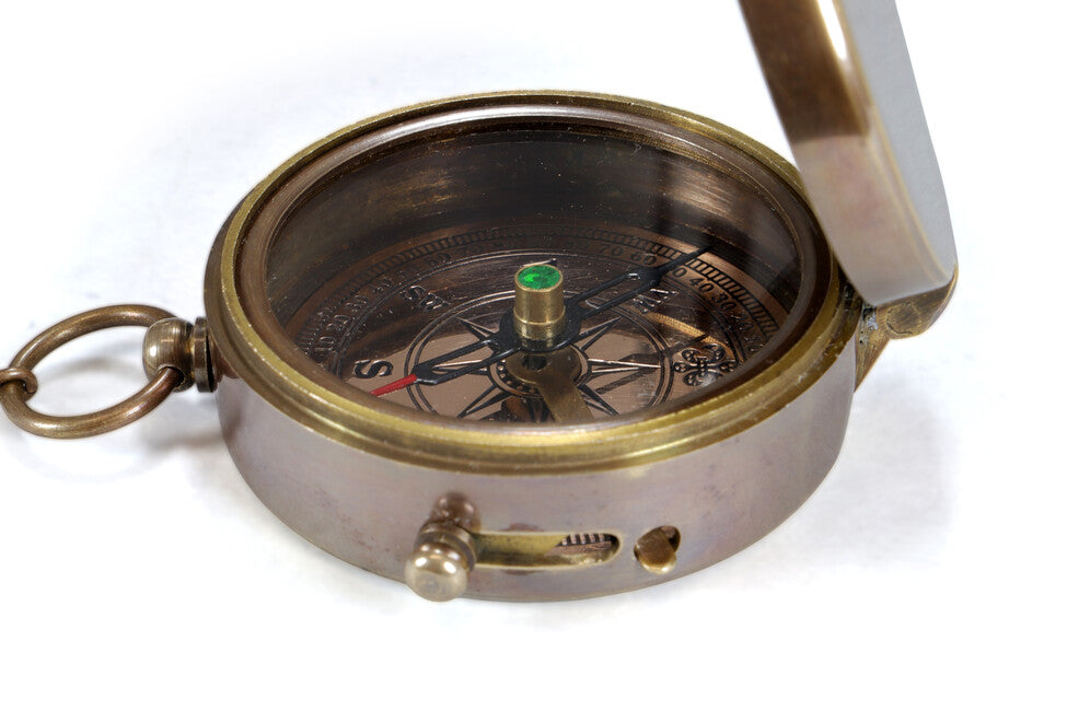 Origin Outdoors Pocket Compass антикварен месингов джобен компас с кожен калъф