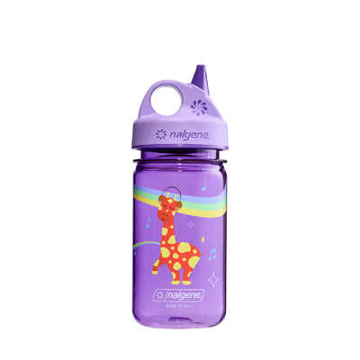 Бутилка за вода за деца Nalgene Grip-n-Gulp Sustain 0,35 L с капак, лилава музикална жирафа