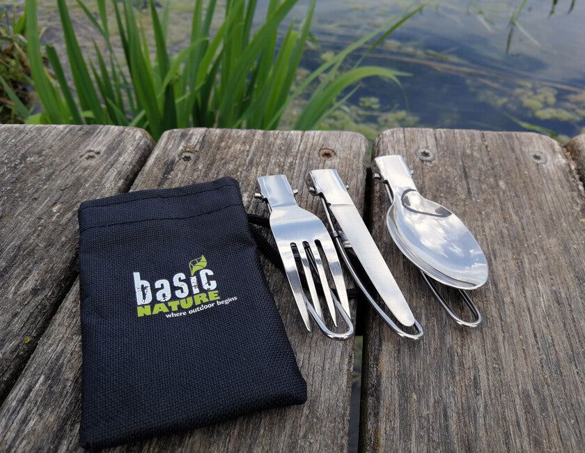 BasicNature MiniTrek сгъваемо комплект прибори от неръждаема стомана с нейлонова чанта