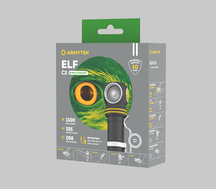 Armytek Elf C2 Cold White LED Headlamp, Battery Powered, 1100 lm, 4800 h, 65 g