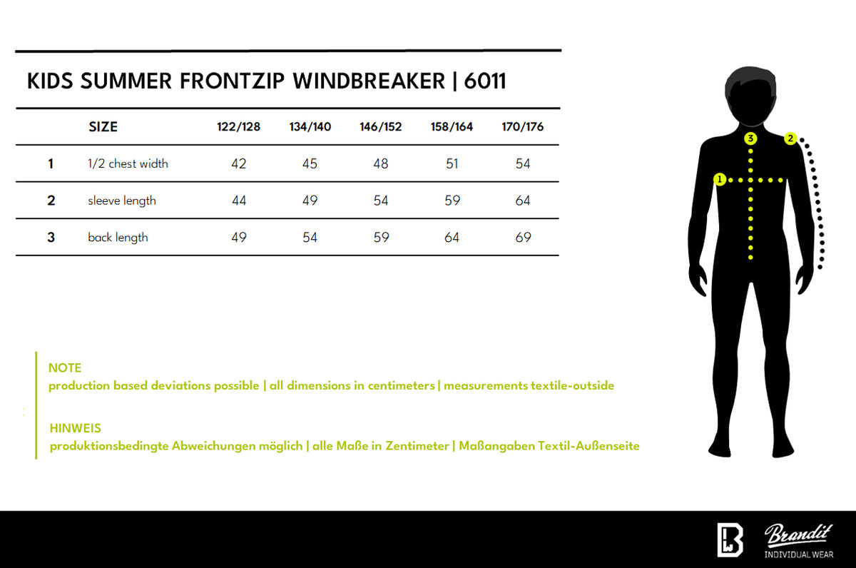 Veľkostná tabuľka Kids Summer Frontzip Windbreaker