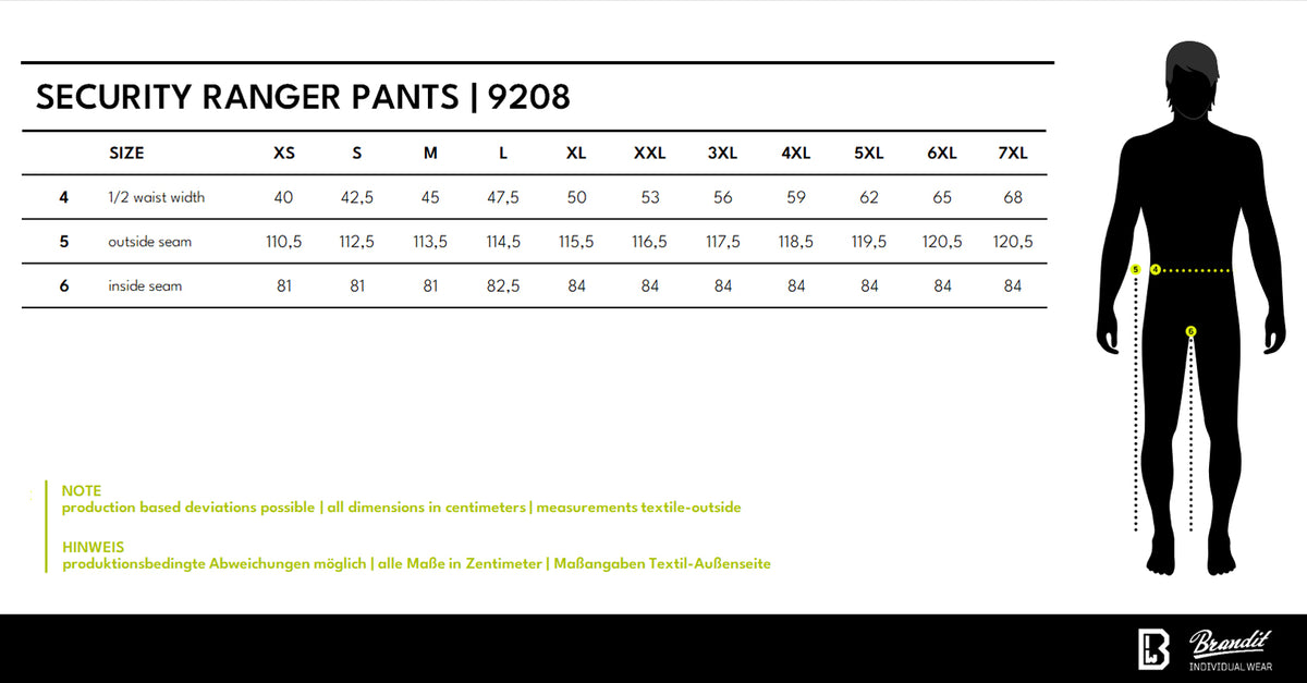 Veľkostná tabuľka Security Ranger Pants