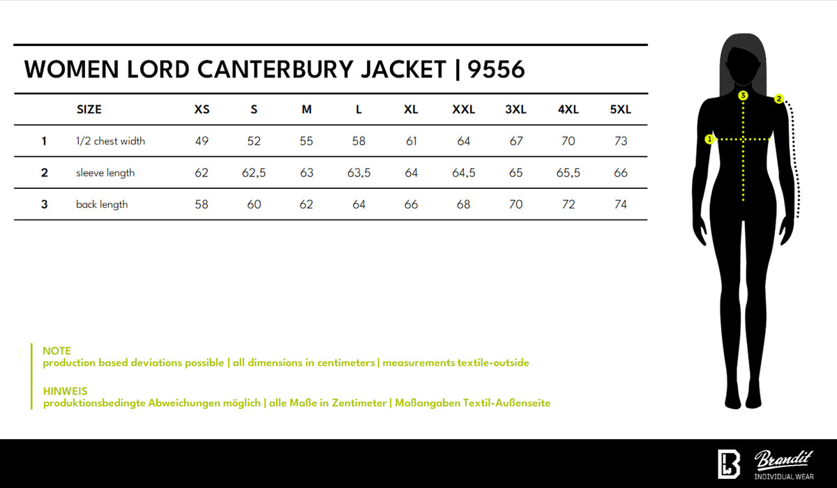 Veľkostná tabuľka Women Lord Canterbury Jacket