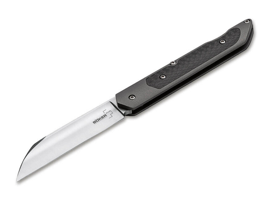 Böker Plus Genios джобен нож с кожено калъф, 7,7 см, сив