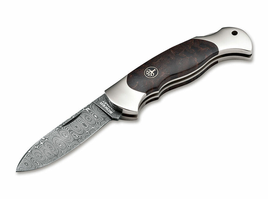 BÖKER® Scout Spearpoint джобен нож дамаск, 7,9 cm, брезово дърво