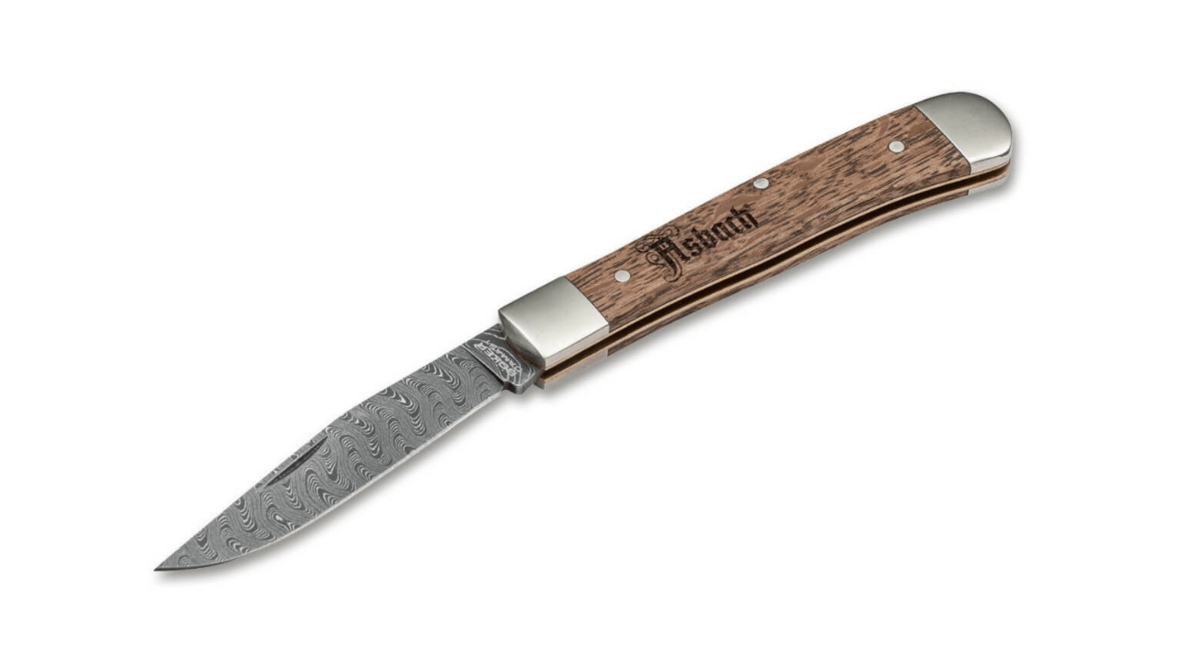 Böker Trapper Asbach Uralt дамаскински нож с калъф, 8,5 см, кафяв