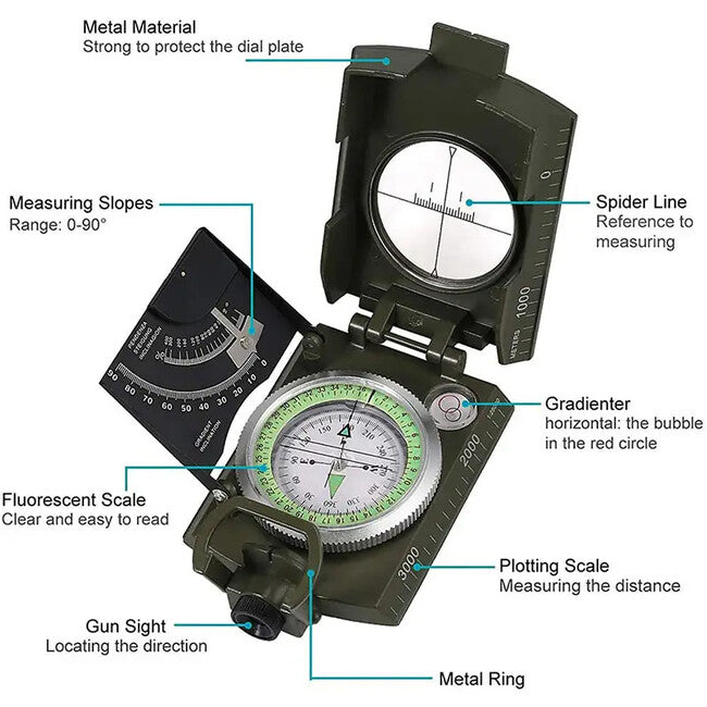 DRAGOWA Tactical Wally сгъваем водоустойчив метален компас с калъф, зелен