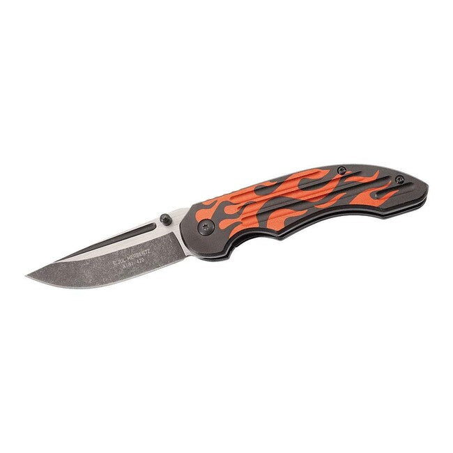 Herbertz джобен нож едноръчен 8cm, стомана, черен, мотив пламъци