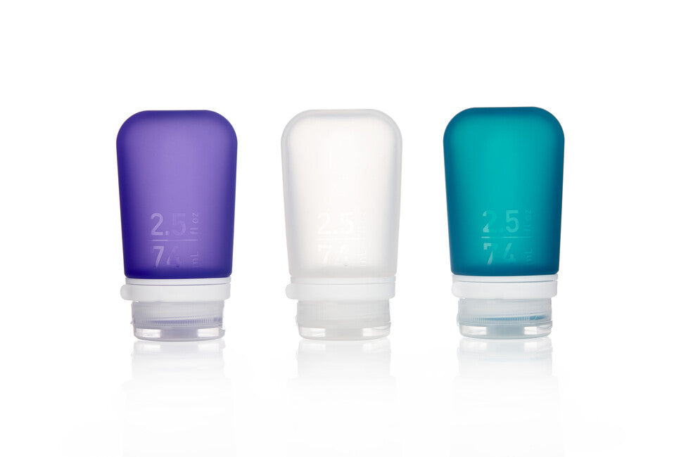 Humangear GoToob+ туристическа силиконова бутилка/съд, прозрачна/лилава/тюркоазна, 74 ml, опаковка 3 бр.