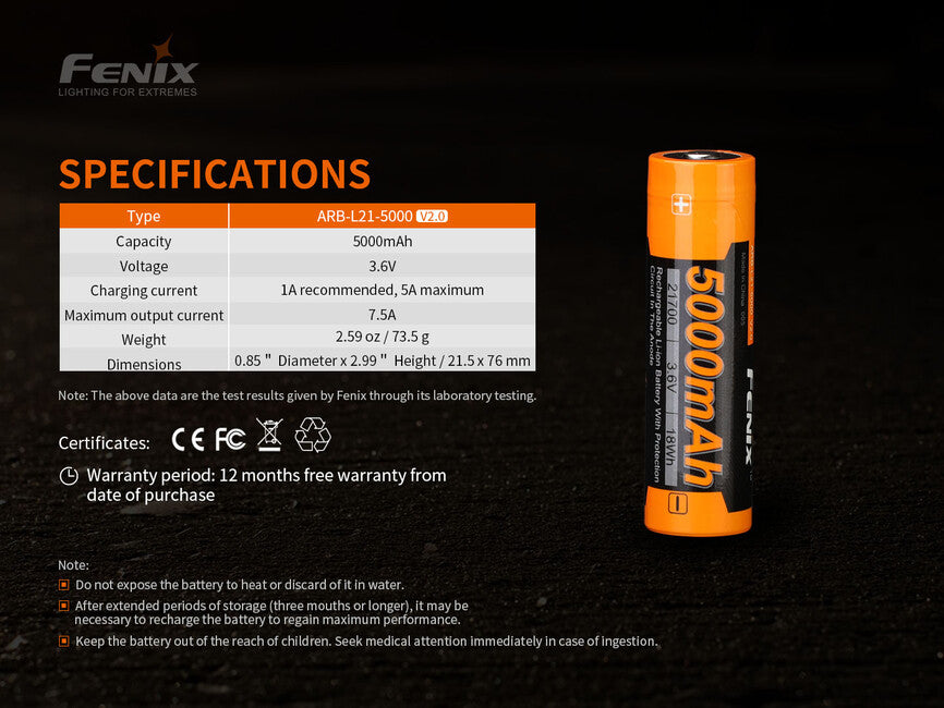 Fenix 21700 презареждаема батерия Li-Ion 5000 mAh