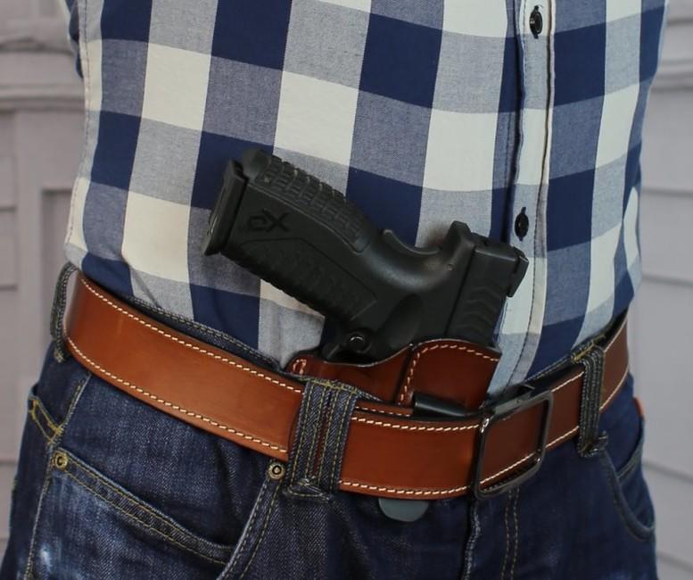 Falco калъф Glock 17 отворен кожен за носене във вътрешната страна на панталона, кафяв, десен