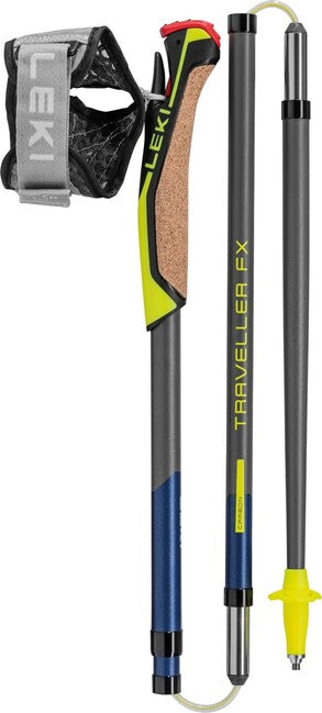 LEKI Traveller FX.едно Carbon нордийски палки за ходене, сребристо-сива-полунощна тъмна металическа-неоново жълта