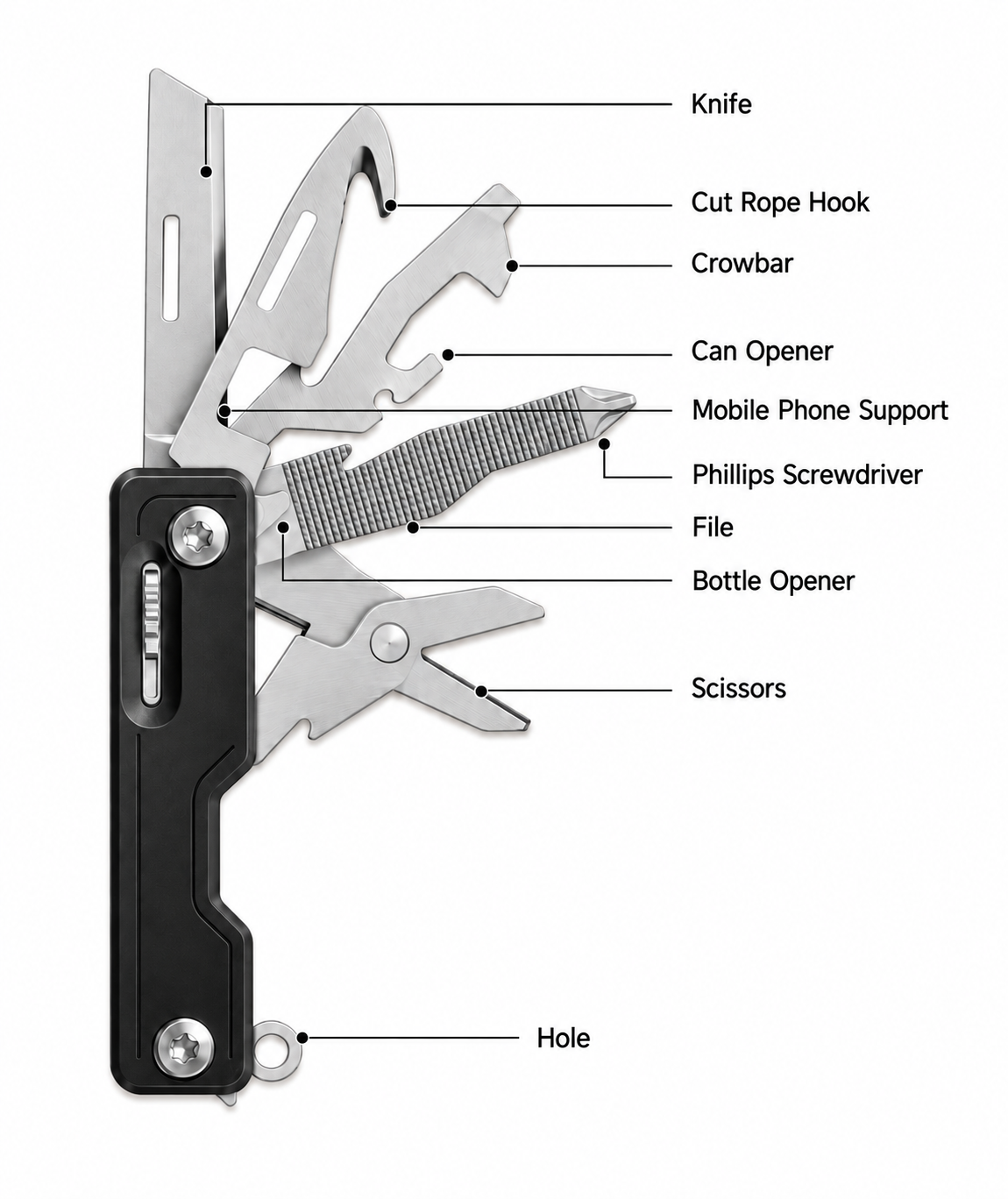 Leguon Brevis mini multitool 9v1, črn