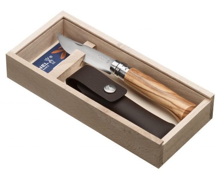 OPINEL VRi N°08 Inox нож с маслинена дръжка, калъф, дървена кутия