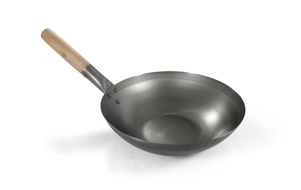 Origin Outdoors Wok от въглеродна стомана с плоско дно и дървена дръжка
