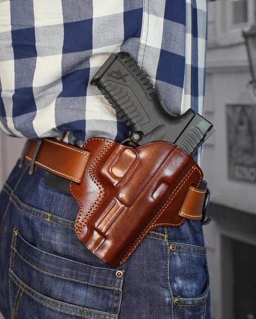Falco Premium калъф за кръста панкейк кожен отворен Glock 17, кафяв, десен
