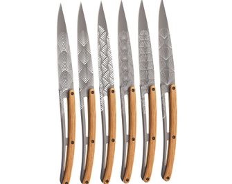 Deejo Татуировка комплект ножове за пържоли лек титан дизайн от маслиново дърво Art Déco