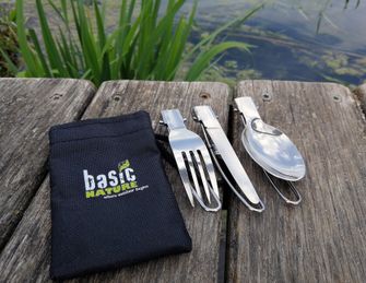 Комплект сгъваеми прибори за хранене от неръждаема стомана с найлонова чанта BasicNature MiniTrek