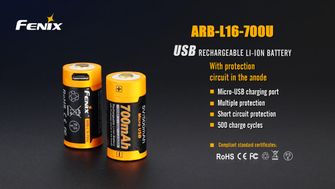 Fenix USB акумулаторна батерия RCR123A 700 mAh, Li-Ion