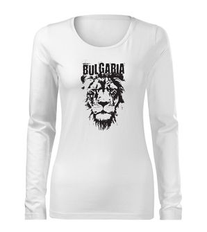 DRAGOWA Slim дамска тениска с дълъг ръкав български лъв, бяла
