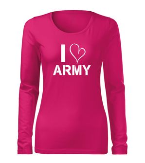 DRAGOWA Slim дамска тениска с дълъг ръкав, I Love Army, розова, 160г/м2