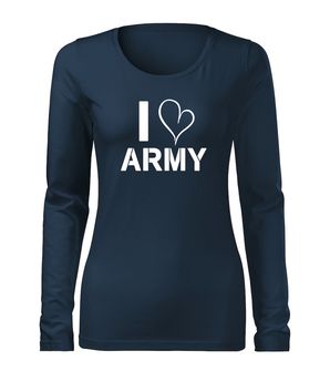 DRAGOWA Slim дамска тениска с дълъг ръкав, I Love Army, тъмносиня 160g/m2