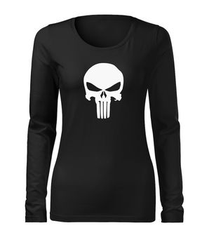 DRAGOWA Slim дамска тениска с дълъг ръкав, Punisher, черна, 160г/м2